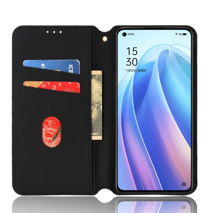 Stoßdes Anti-fall-fall-magnetauto-schließen 3D Rhombus Eingeprägter Pu-leder-telefonhülle Mit Stand Wallet Für Oppo Reno7 Pro 5g - Schwarz