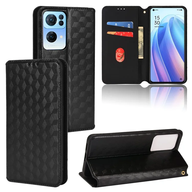 Stoßdes Anti-fall-fall-magnetauto-schließen 3D Rhombus Eingeprägter Pu-leder-telefonhülle Mit Stand Wallet Für Oppo Reno7 Pro 5g - Schwarz