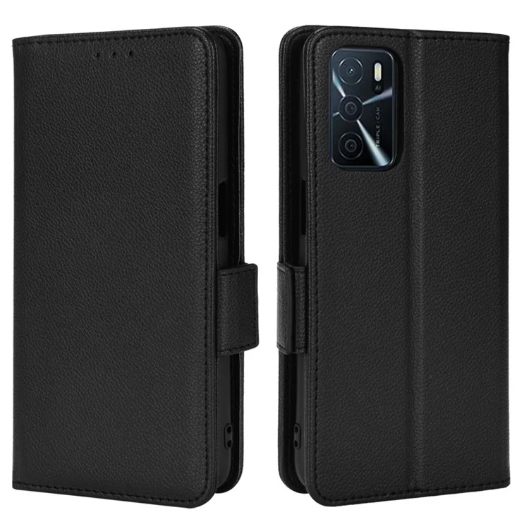 Case de carteira de couro com textura de litchi e fechamento magnético, capa de proteção a choques de TPU flip para Oppo A54s / A16s / A16 / A54 4G / A55 4G/5G / A53s 5G - Preto