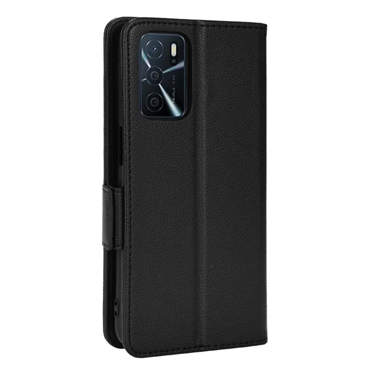 Case de carteira de couro com textura de litchi e fechamento magnético, capa de proteção a choques de TPU flip para Oppo A54s / A16s / A16 / A54 4G / A55 4G/5G / A53s 5G - Preto
