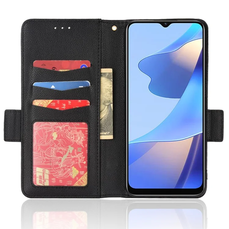 Case de carteira de couro com textura de litchi e fechamento magnético, capa de proteção a choques de TPU flip para Oppo A54s / A16s / A16 / A54 4G / A55 4G/5G / A53s 5G - Preto