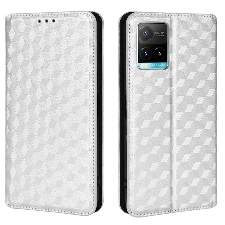 Capa de Telefone Protetora com Padrão Rombóide 3D Impresso, Couro PU Resistente a Arranhões + TPU para vivo Y33s 4G / Y21 / Y21s / Y32 4G / Y21t 4G / Y21e 4G / Y21a 4G / Y21G / T1X 4G / Y33t - Prata