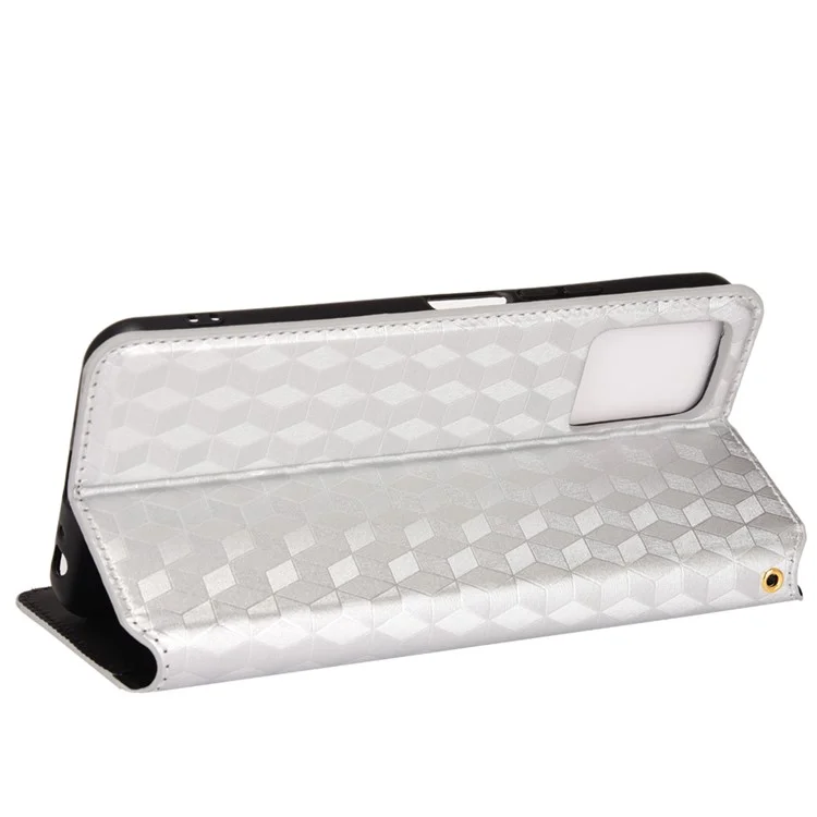 Capa de Telefone Protetora com Padrão Rombóide 3D Impresso, Couro PU Resistente a Arranhões + TPU para vivo Y33s 4G / Y21 / Y21s / Y32 4G / Y21t 4G / Y21e 4G / Y21a 4G / Y21G / T1X 4G / Y33t - Prata