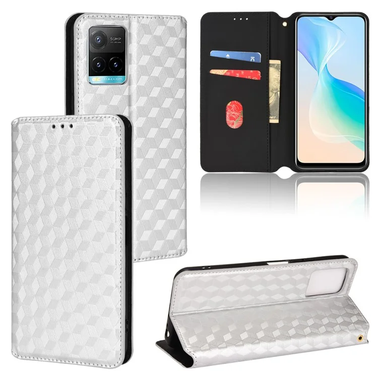 Capa de Telefone Protetora com Padrão Rombóide 3D Impresso, Couro PU Resistente a Arranhões + TPU para vivo Y33s 4G / Y21 / Y21s / Y32 4G / Y21t 4G / Y21e 4G / Y21a 4G / Y21G / T1X 4G / Y33t - Prata