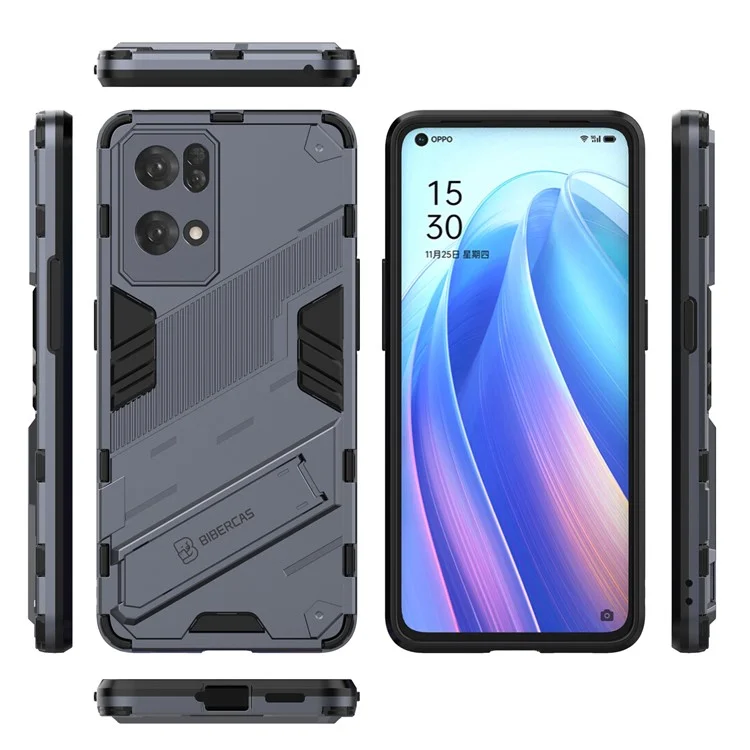 Coque de protection PC dur résistant aux rayures avec protection anti-choc TPU et support pour Oppo Reno7 Pro 5G - Bleu foncé
