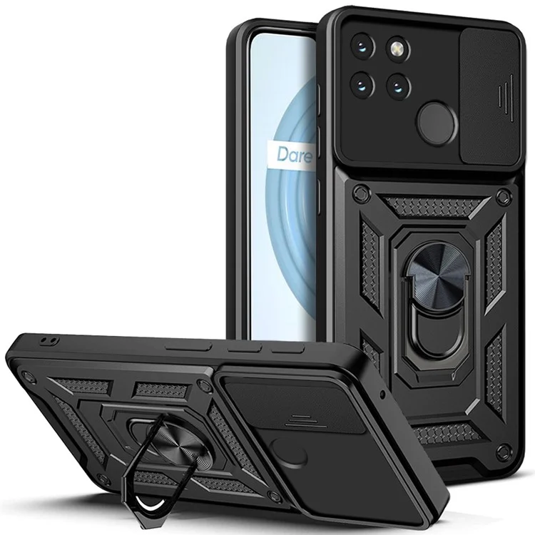 Anti-fall Phone Case Camera Slide Cover PC + TPU Hybrid Protective Shell with Ring Kickstand for Realme C21Y - Black