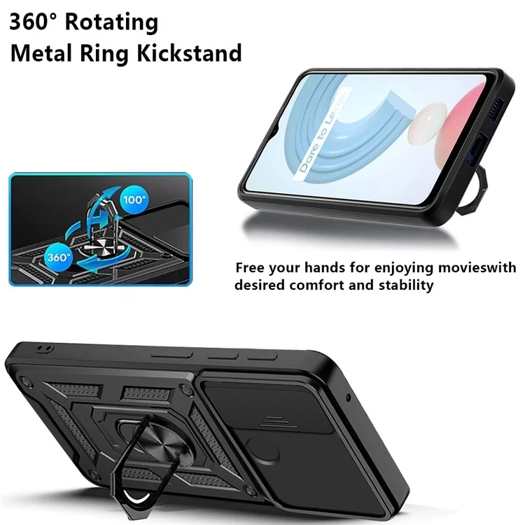 Anti-fall Phone Case Camera Slide Cover PC + TPU Hybrid Protective Shell with Ring Kickstand for Realme C21Y - Black