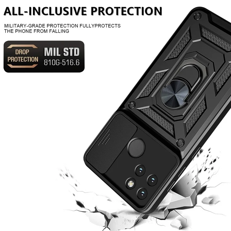 Anti-fall Phone Case Camera Slide Cover PC + TPU Hybrid Protective Shell with Ring Kickstand for Realme C21Y - Black