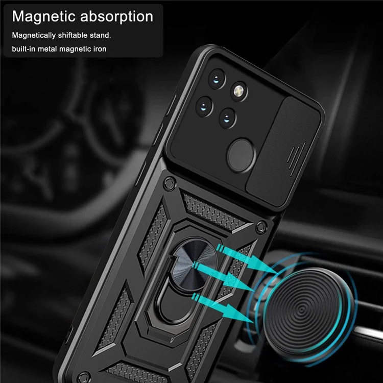 Anti-fall Phone Case Camera Slide Cover PC + TPU Hybrid Protective Shell with Ring Kickstand for Realme C21Y - Black