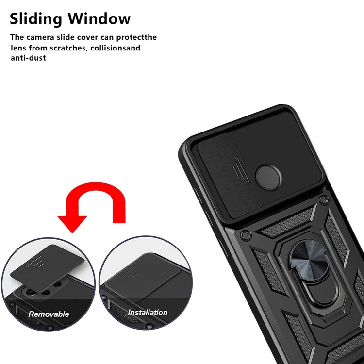 Anti-fall Phone Case Camera Slide Cover PC + TPU Hybrid Protective Shell with Ring Kickstand for Realme C21Y - Black