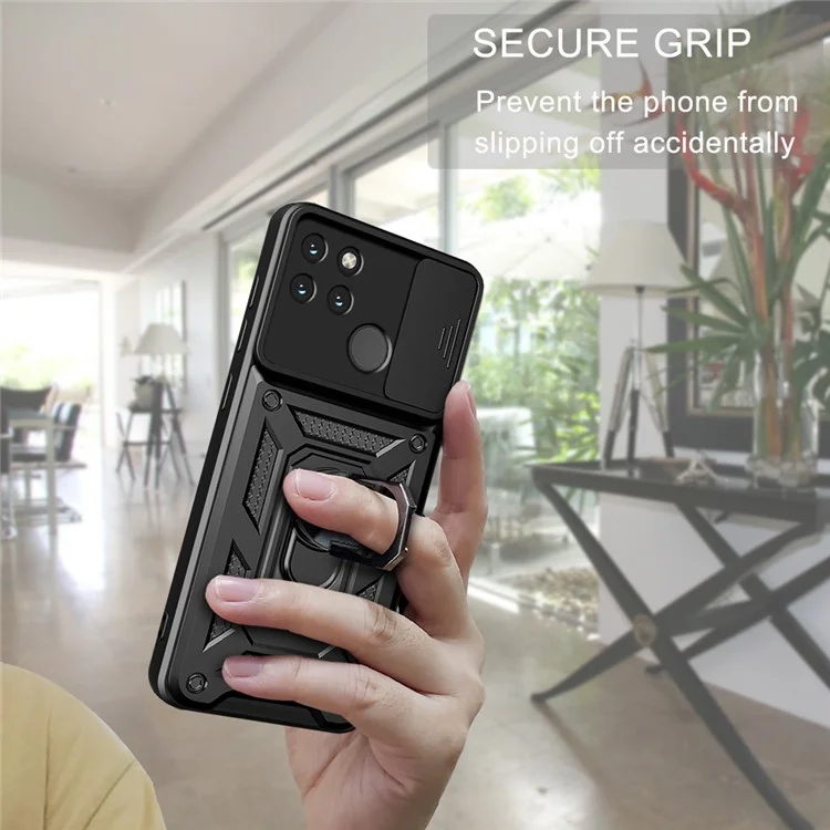 Anti-fall Phone Case Camera Slide Cover PC + TPU Hybrid Protective Shell with Ring Kickstand for Realme C21Y - Black