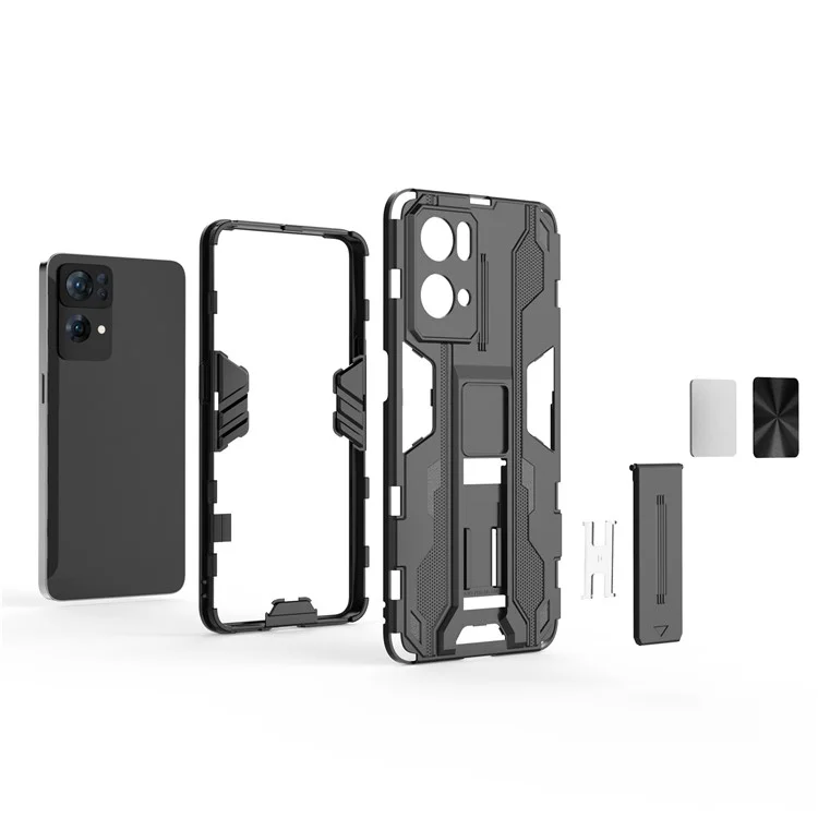 Dual-Layer Soft Flexible TPU Hard PC Anti-Slip Protective Phone Case with Kickstand for Oppo Reno7 Pro 5G - Black