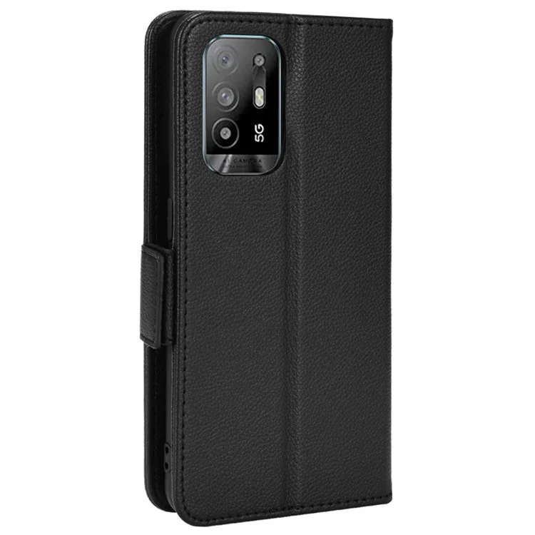 Well-protected Litchi Texture PU Leather Protective Cover Stand Wallet Phone Case for Oppo F19 Pro+ 5G/A94 5G/A95 5G/Reno5 Z - Black