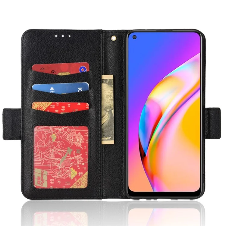 Well-protected Litchi Texture PU Leather Protective Cover Stand Wallet Phone Case for Oppo F19 Pro+ 5G/A94 5G/A95 5G/Reno5 Z - Black