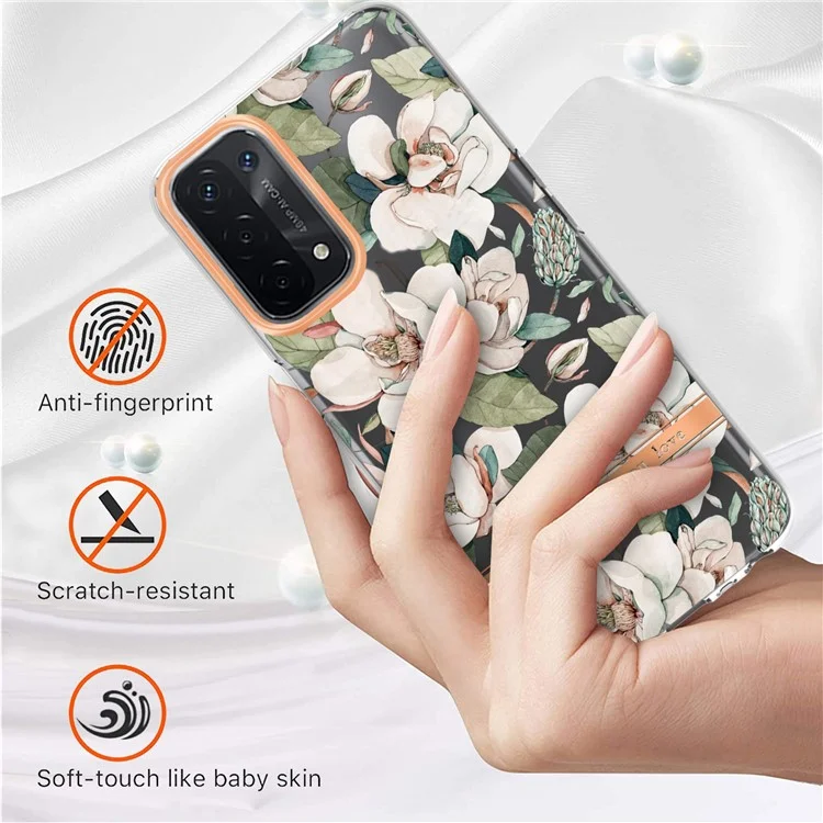 Capa de Telefone LB5 Series Flower Pattern Fingerprint-free Anti-scratch IMD IML Electroplating TPU Shell para Oppo A74 5G/A93 5G/A54 5G/A93s 5G - HC001 Green Gardenia