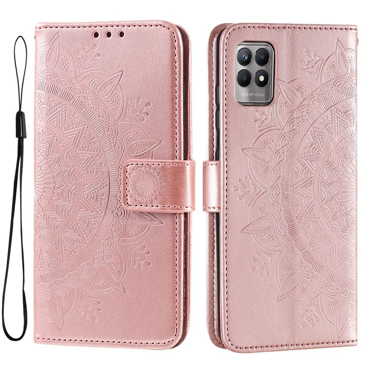Mandala Flower Imprinted All-round Shockproof Stand Wallet Leather Phone Case Shell for Realme 8i/Narzo 50 4G - Rose Gold