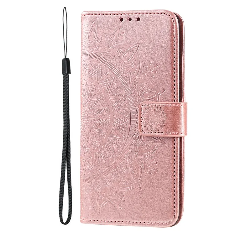 Mandala Flower Imprinted All-round Shockproof Stand Wallet Leather Phone Case Shell for Realme 8i/Narzo 50 4G - Rose Gold
