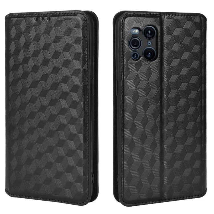 Schutzhülle Stoßdämpfe Rhombus Muster Imprited Mobiltelefonkoffer PU Leder + TPU Phone Case Mit Stand Wallet Für Oppo Find X3 Pro / X3 Finden - Schwarz