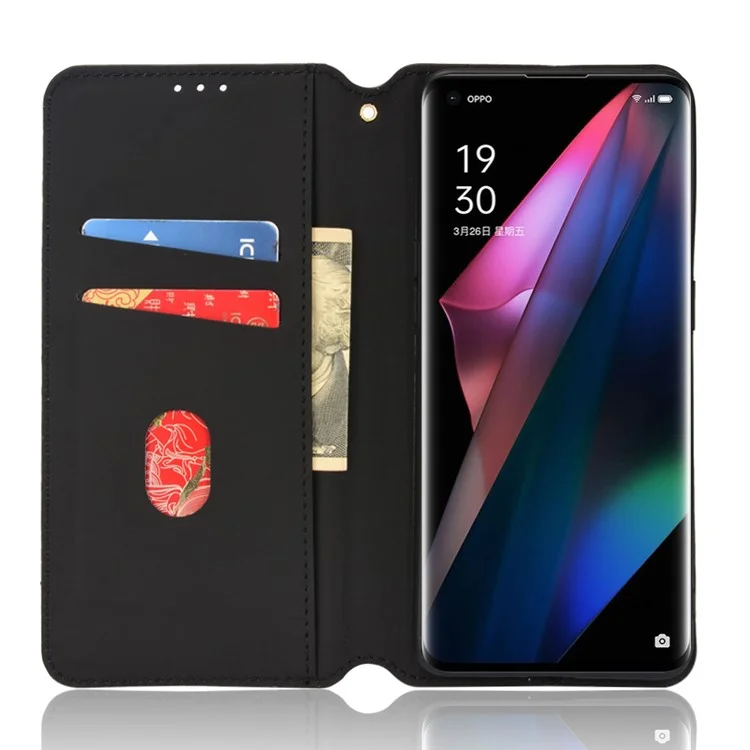 Schutzhülle Stoßdämpfe Rhombus Muster Imprited Mobiltelefonkoffer PU Leder + TPU Phone Case Mit Stand Wallet Für Oppo Find X3 Pro / X3 Finden - Schwarz