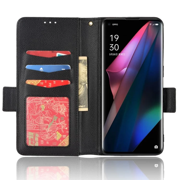 Custodia a portafoglio in pelle PU con texture a litchi, con protezione antiurto in TPU per Oppo Find X3 / Find X3 Pro - Nero 