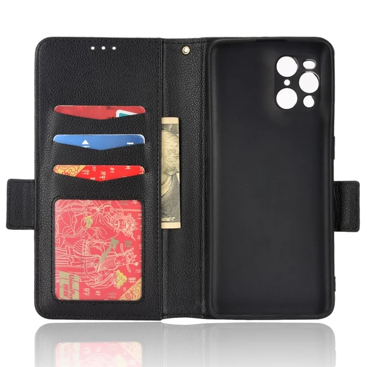 Custodia a portafoglio in pelle PU con texture a litchi, con protezione antiurto in TPU per Oppo Find X3 / Find X3 Pro - Nero 