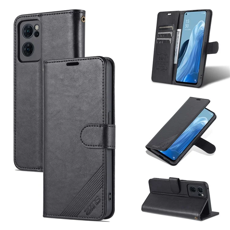 AZNS Textured PU Leather Flip Folio Book Stand Phone Case TPU Shockproof Folio Cover with Wallet for Oppo Reno7 SE 5G - Black