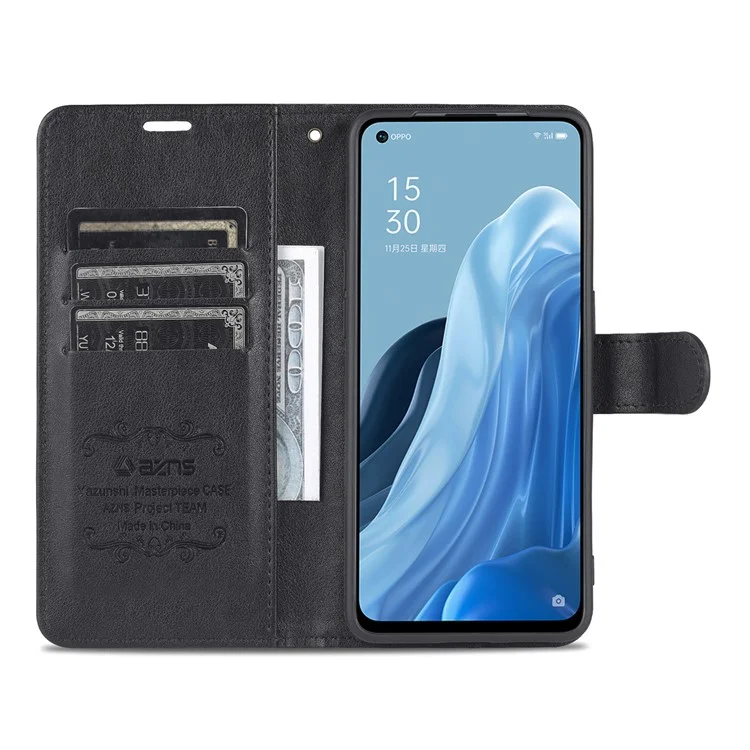 AZNS Textured PU Leather Flip Folio Book Stand Phone Case TPU Shockproof Folio Cover with Wallet for Oppo Reno7 SE 5G - Black