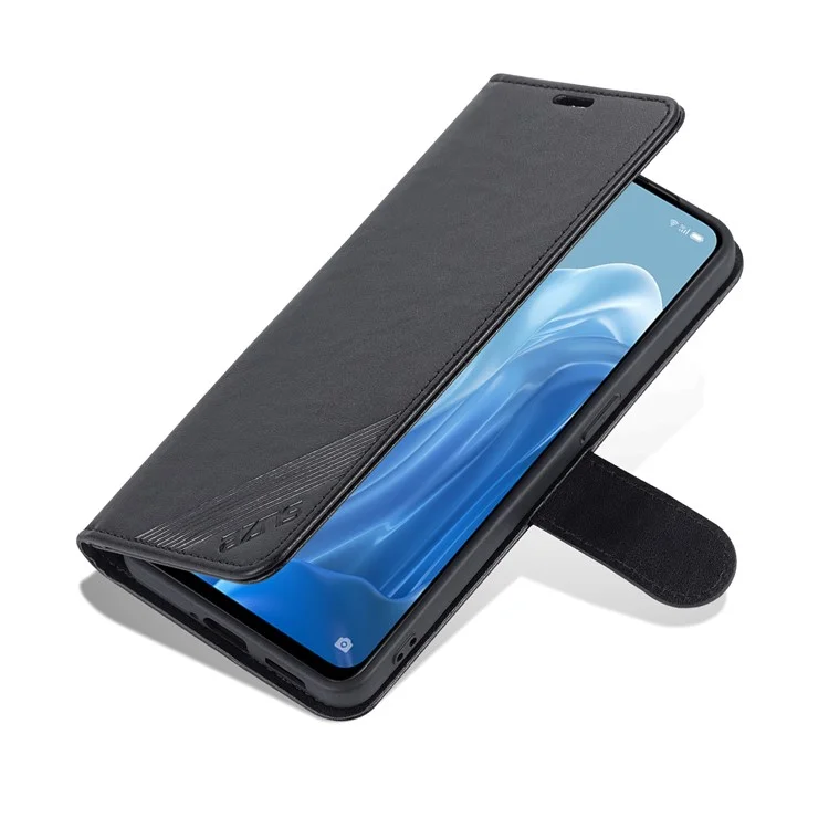 AZNS Textured PU Leather Flip Folio Book Stand Phone Case TPU Shockproof Folio Cover with Wallet for Oppo Reno7 SE 5G - Black