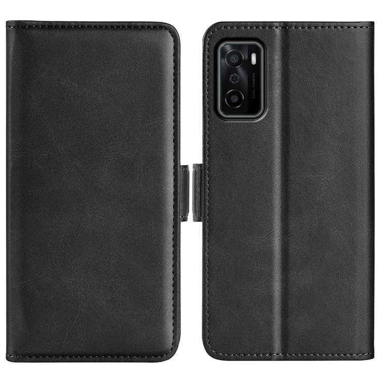 Klappständer Strukturierte PU Leder Brieftasche Flip Cover TPU Innenschale Mit Magnetischen Doppelverschlüssen Für Oppo A55s 5g - Schwarz