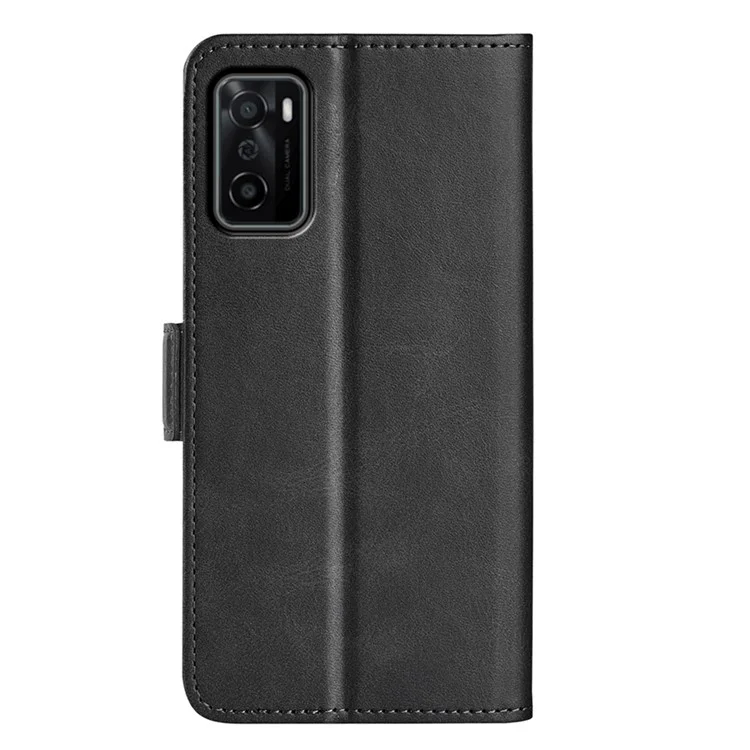 Klappständer Strukturierte PU Leder Brieftasche Flip Cover TPU Innenschale Mit Magnetischen Doppelverschlüssen Für Oppo A55s 5g - Schwarz