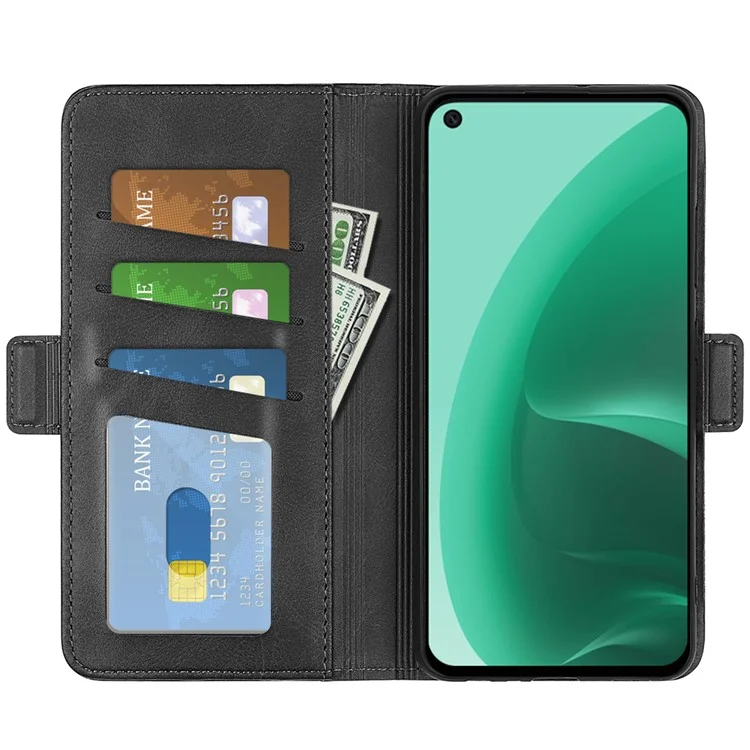 Klappständer Strukturierte PU Leder Brieftasche Flip Cover TPU Innenschale Mit Magnetischen Doppelverschlüssen Für Oppo A55s 5g - Schwarz