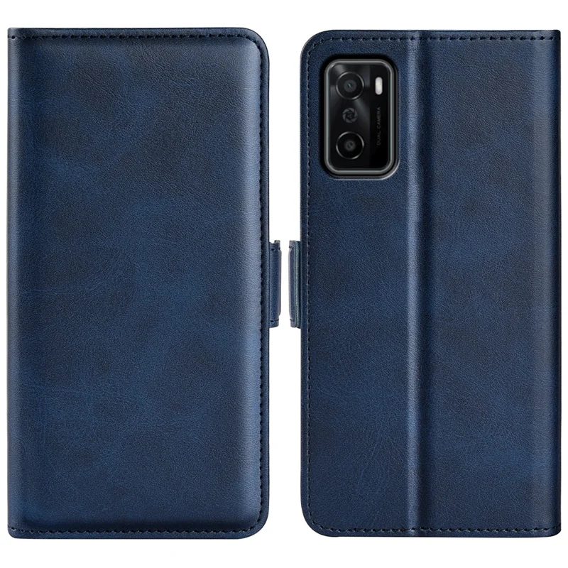 Folding Stand Textured PU Leather Wallet Flip Cover TPU Inner Shell with Magnetic Double Clasps for OPPO A55s 5G - Blue