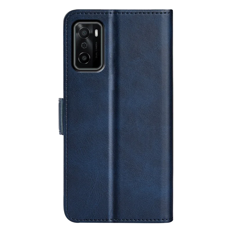 Folding Stand Textured PU Leather Wallet Flip Cover TPU Inner Shell with Magnetic Double Clasps for OPPO A55s 5G - Blue