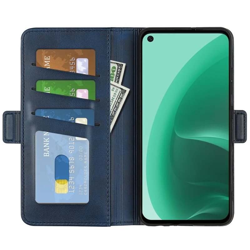 Folding Stand Textured PU Leather Wallet Flip Cover TPU Inner Shell with Magnetic Double Clasps for OPPO A55s 5G - Blue