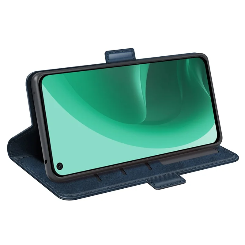 Folding Stand Textured PU Leather Wallet Flip Cover TPU Inner Shell with Magnetic Double Clasps for OPPO A55s 5G - Blue