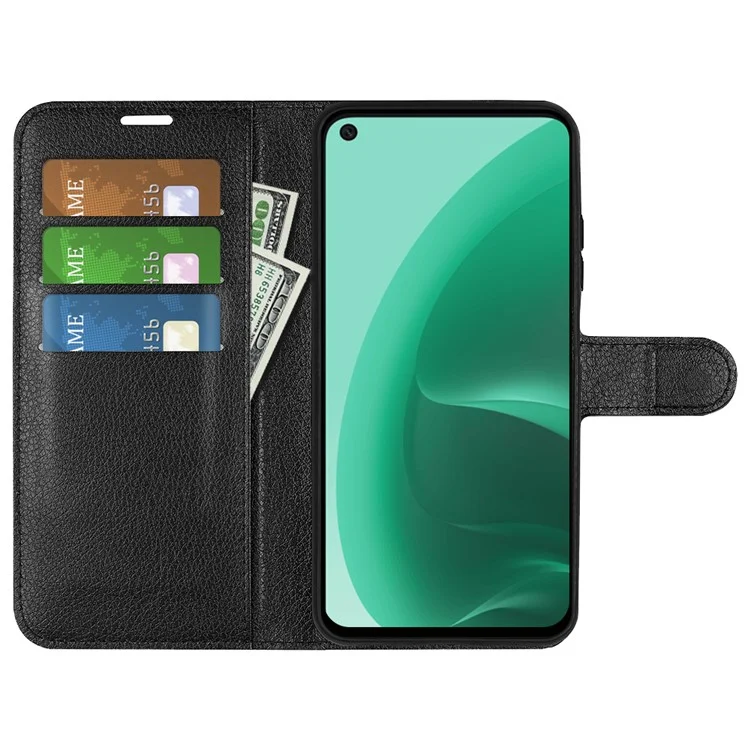 Für OPPO A55s 5G Litchi Textur Magnetpu Leder Brieftasche Schockdichte TPU Innere Shell Mit Ständer - Schwarz