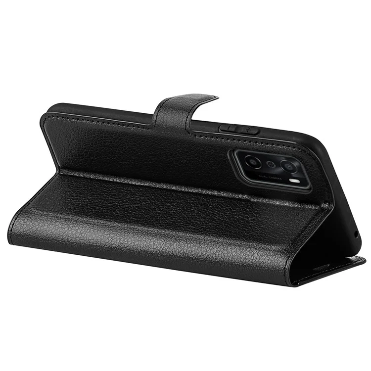 Für OPPO A55s 5G Litchi Textur Magnetpu Leder Brieftasche Schockdichte TPU Innere Shell Mit Ständer - Schwarz