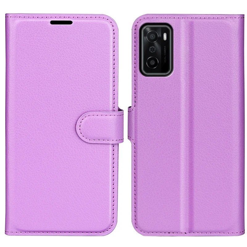 For OPPO A55s 5G Litchi Texture Magnetic PU Leather Wallet Case Shockproof TPU Inner Shell with Stand - Purple