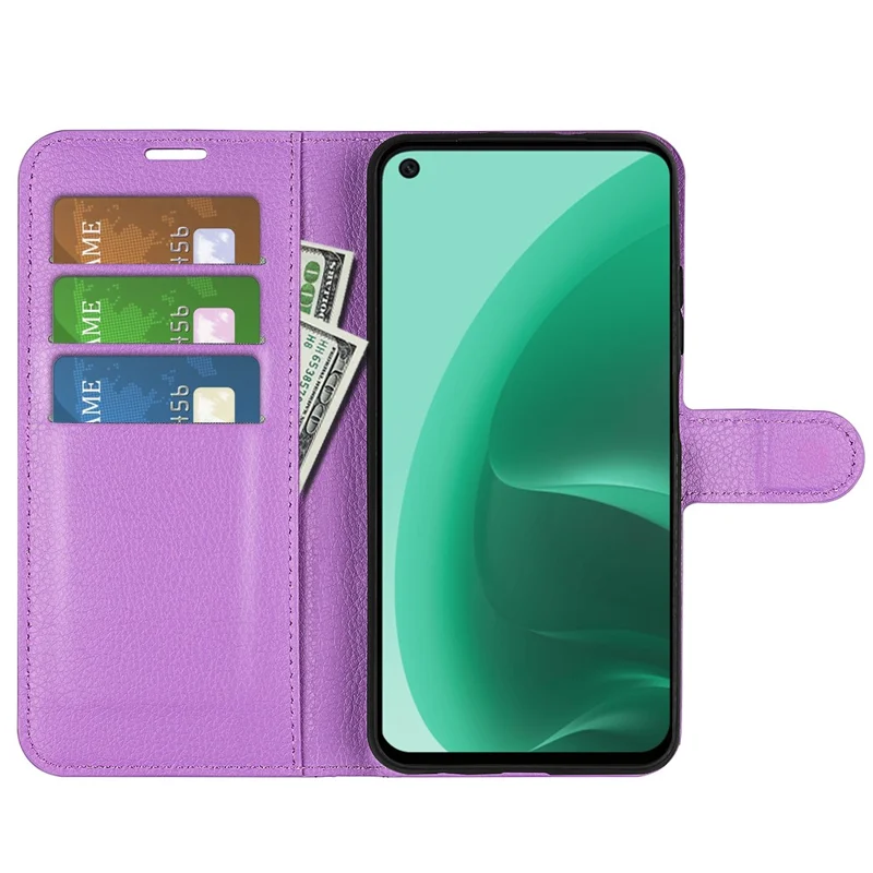 For OPPO A55s 5G Litchi Texture Magnetic PU Leather Wallet Case Shockproof TPU Inner Shell with Stand - Purple