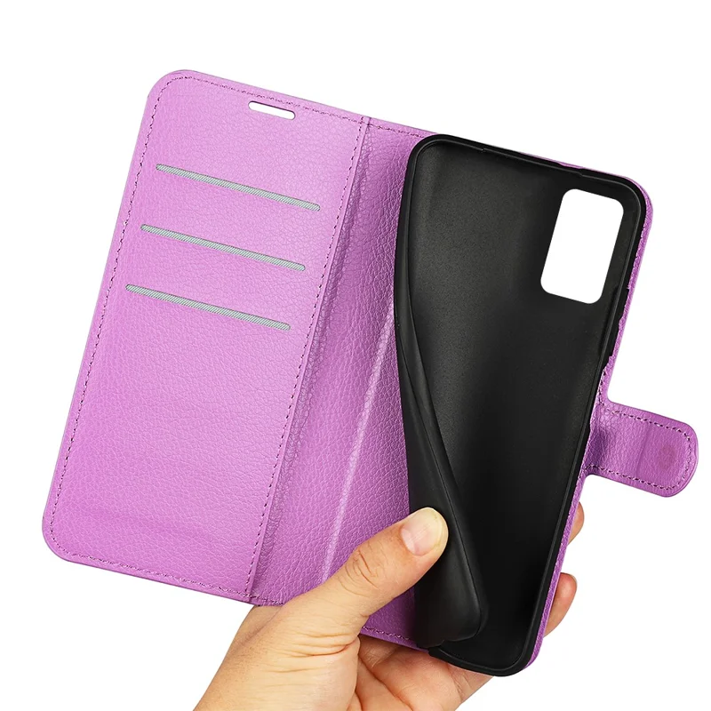 For OPPO A55s 5G Litchi Texture Magnetic PU Leather Wallet Case Shockproof TPU Inner Shell with Stand - Purple
