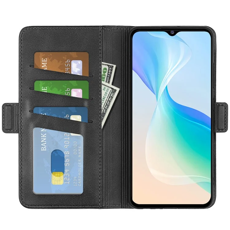 Pour vivo Y76 5G / Y76s 5G / Y74s Dual Magnetic Flap Textured PU Leather Wallet Case Folding Stand TPU Inner Shell - Noir
