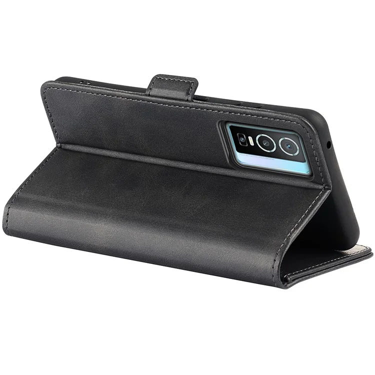 Pour vivo Y76 5G / Y76s 5G / Y74s Dual Magnetic Flap Textured PU Leather Wallet Case Folding Stand TPU Inner Shell - Noir