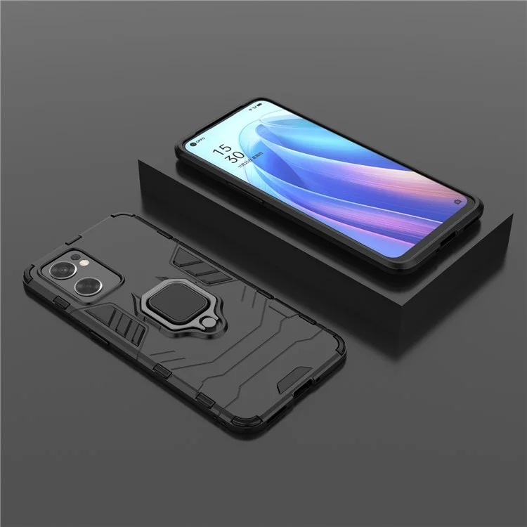 Ring Kickstand Robuste Anti-Shock Flexible TPU + Hard PC-Back-Abdeckung Für Oppo Reno7 SE 5G - Schwarz