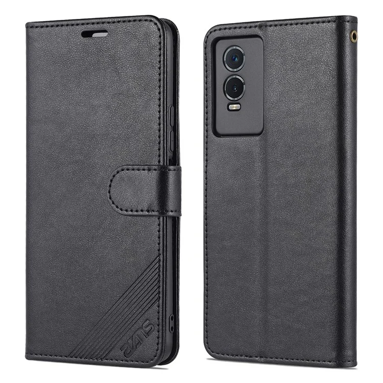 Azns Текстурированная Кожаная Защитная Кожа Folio Flip Case Stand Stand Inner TPU Phone Cope Для Vivo Y76s / Y74s - Черный