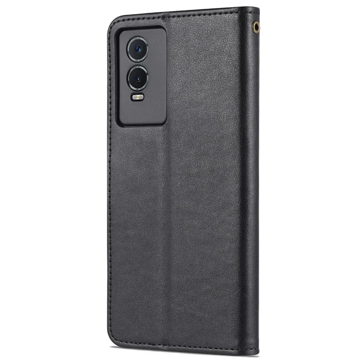 Azns Текстурированная Кожаная Защитная Кожа Folio Flip Case Stand Stand Inner TPU Phone Cope Для Vivo Y76s / Y74s - Черный