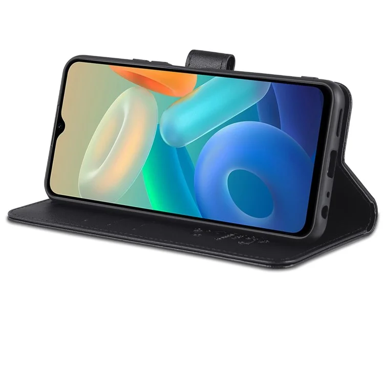 Azns Текстурированная Кожаная Защитная Кожа Folio Flip Case Stand Stand Inner TPU Phone Cope Для Vivo Y76s / Y74s - Черный