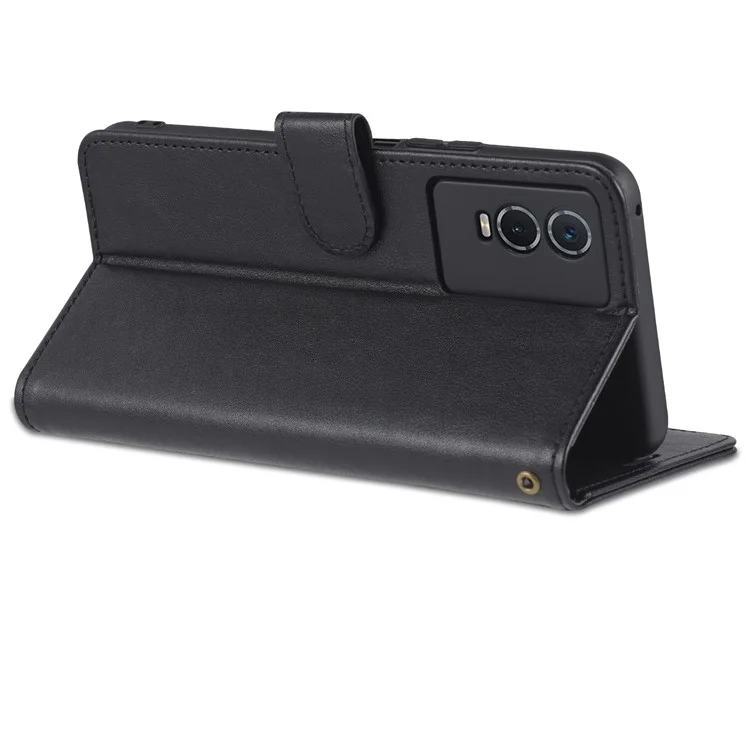 Azns Текстурированная Кожаная Защитная Кожа Folio Flip Case Stand Stand Inner TPU Phone Cope Для Vivo Y76s / Y74s - Черный