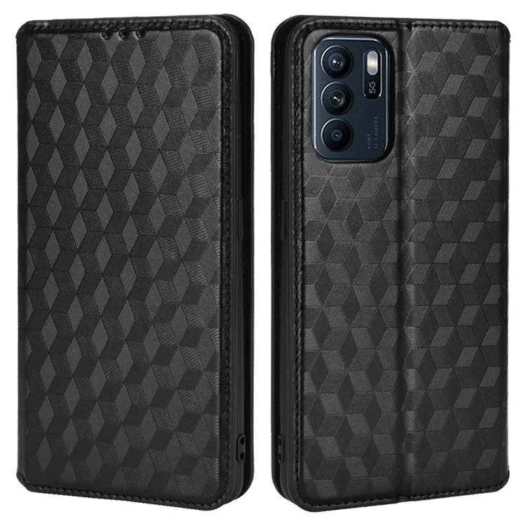 Imprinting 3D Rhombus Leather Case for Oppo Reno6 Z Magnetic Auto-absorbed Stand Wallet Phone Cover - Black