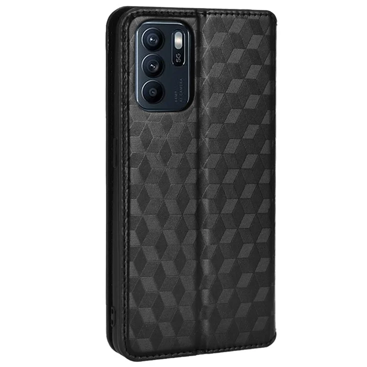 Imprinting 3D Rhombus Leather Case for Oppo Reno6 Z Magnetic Auto-absorbed Stand Wallet Phone Cover - Black