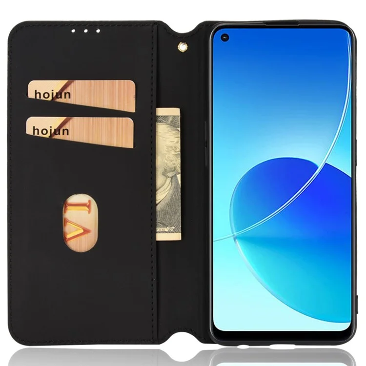 Imprinting 3D Rhombus Leather Case for Oppo Reno6 Z Magnetic Auto-absorbed Stand Wallet Phone Cover - Black